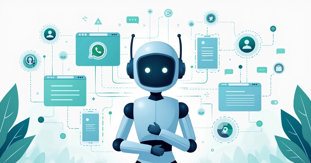 Ilustração corporativa plana mostrando chatbot interagindo com múltiplos canais digitais em ambiente omnichannel